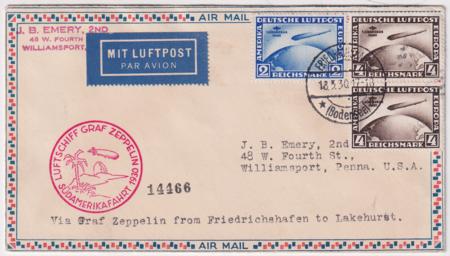 Germany 1930 Zeppelin SA Flight on Roessler Airmail Cover with C38-C39