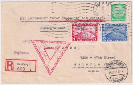 Germany 1933 Zeppelin Chicago Flight Cover with C43 + C44