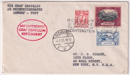 Liechtenstein 1930 Zeppelin Flight Cover to Darmstadt
