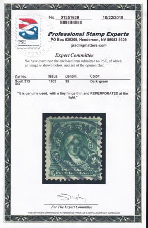 US 313 Bureau & Regular Issues Used F-VF Nicely Centered But Thin Speck - Reperfed Right - PSE Cert.