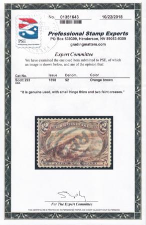 US 293 Early Commemoratives Used XF Beautiful Centering, PSE Cert Mention, Thin Spot + Faint Creases