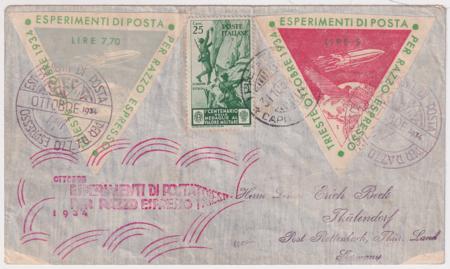 Italy 1934 Rocket Mail Cover with Two Rocket Mail Vignettes