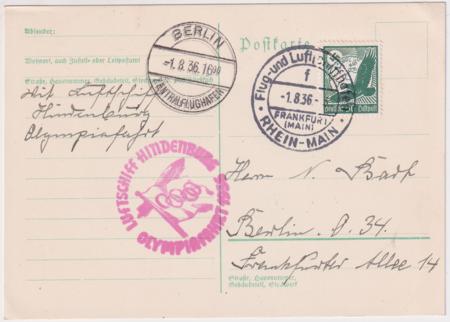 Germany 1936 Zeppelin Olympic Flight Card, Rhein-Main Flight Cancel