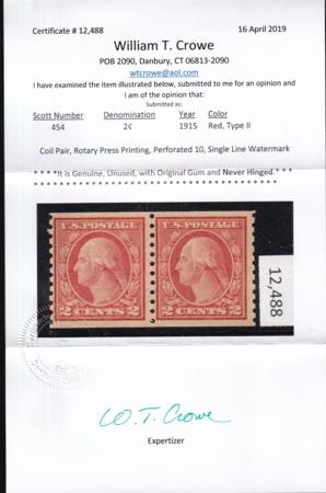 US 454 Washington / Franklin Mint NH F-VF Pair Crowe Cert