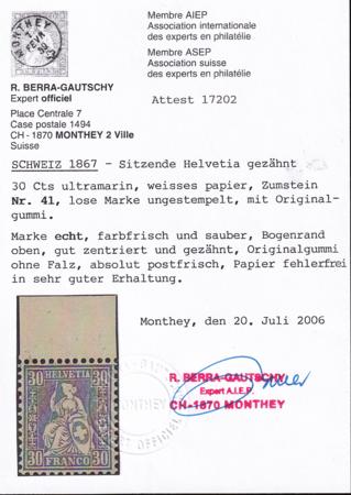 Switzerland 56(SBK 41) Mint NH XF Lovely NH Top Margin Example Must Be One Of The Finest Known! Berra Cert.