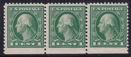 US 498F Washington / Franklin Mint H NH F-VF Bottom Wide Margin Strip Of 3 From Booklet Pane PFC Cert.