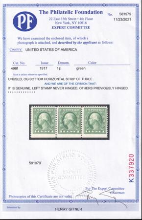 US 498F Washington / Franklin Mint H NH F-VF Bottom Wide Margin Strip Of 3 From Booklet Pane PFC Cert.