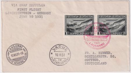 Liechtenstein 1931 C7 Pair on VF Cover to Germany