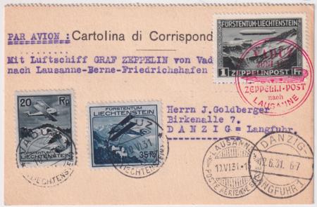 Liechtenstein 1931 Vaduz -Lausanne Flight Card with C2, C4 & C7