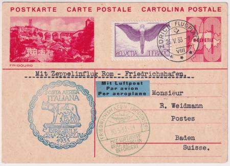 Switzerland 1933 Italian Flight on 20c Postal Card with C12