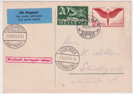 Switzerland 1929 Flight to Böblingen on postal card