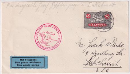 Switzerland 1930 South America Flight to Lakehurst Cover