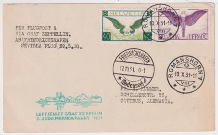 Switzerland 1931 3rd South American Flight Card
