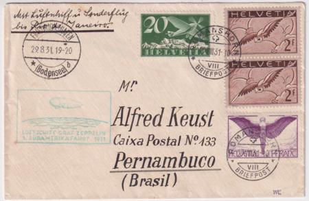 Switzerland 1931 1st South American Flight Cover to Pernambuco