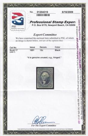 US 17 Early Classics Mint LH F-VF Fresh OG 3 1/2 Margins PSE Cert.