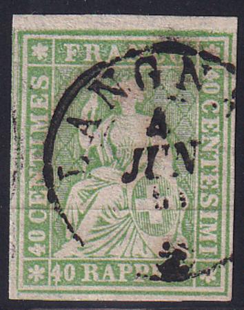 Switzerland 40 Used XF-SUP Light Green Shade, 4 F.L With 4 Large Margins Around Langnau Cds Trussel Cert.