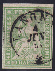Switzerland 40 Used XF-SUP Light Green Shade, 4 F.L With 4 Large Margins Around Langnau Cds Trussel Cert.