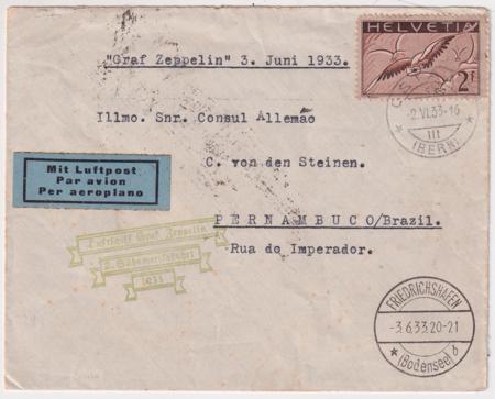 Switzerland 1933 2nd South America Flight Cover with C15