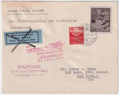Liechtenstein 1933 Columbus Catapult Cover to New York