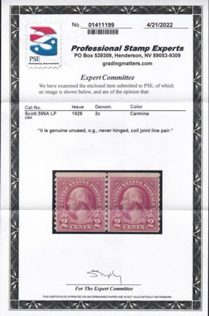 US 599A Mint NH F+ Line Pair PSE Cert