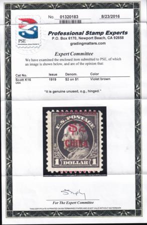 US Shanghai Overprint K16 LH AVE PSE Cert