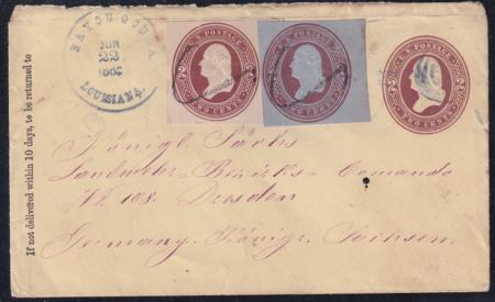 US U278(+U277, U280 Cut Squares Not Recognized) 1885 Bayou Goula, LA To Germany Great Usage