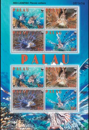 US 992a Trust Territories Palau NH VF Red Lionfish WWF Sheet Of 8