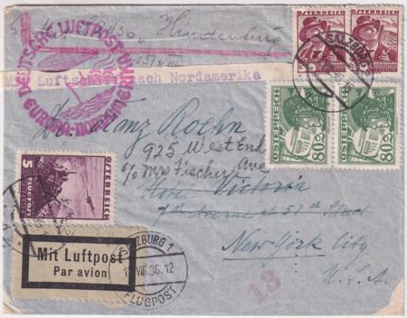 Austria 1936 7th North America Hindenburg Flight to New York