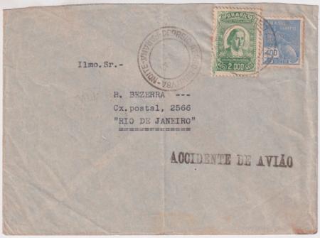 Brazil 1941 Unlisted Crash Cover stamped "Accidente de Aviao"