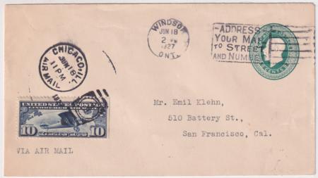 Canada/US 1927 US C10 Unofficial Chicago FDC on Canada 2c Entire