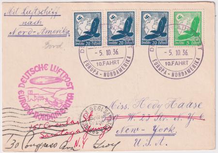 Germany 1936 10th  Hindenburg North America Flight Card