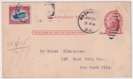 US 1919 C3 on 2c Post Card for Washington - New York Flight