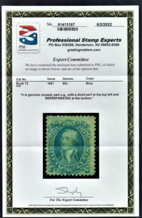 US 72 Early Classics Fine Mint Part OG, PSE Cert
