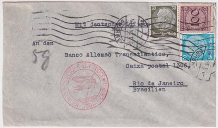 Germany 1934 Commercial Catapult Cover To Rio, Unusual Franking