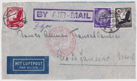 Germany 1935 Commercial Catapult Flight Cover to Rio with Perfin