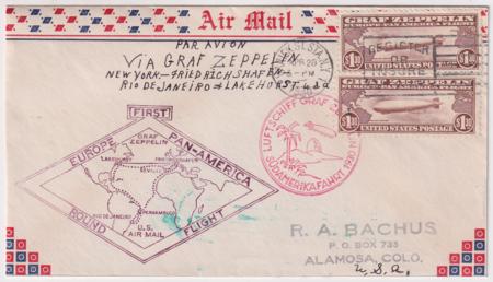 US 1930 C14 (x2)  VF  on Flown Zeppelin Cover to Colorado. Stamp