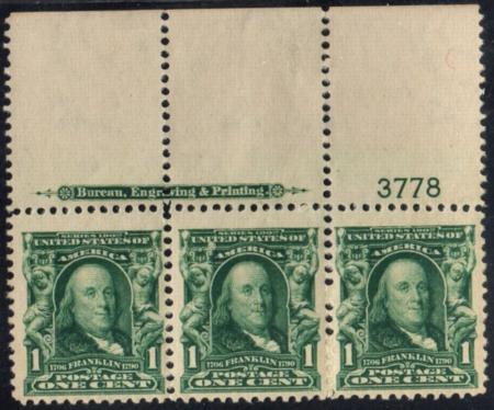 US 300 Bureau and Regular Issues F-VF Mint NH/LH Top Plate # Strip of 3
