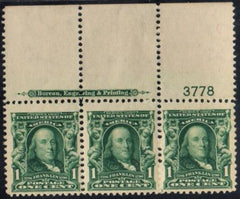 US 300 Bureau and Regular Issues F-VF Mint NH/LH Top Plate # Strip of 3