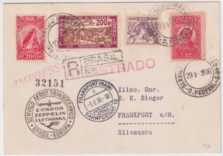 Brazil 1936 Hindenburg 2nd  South American Flight Card