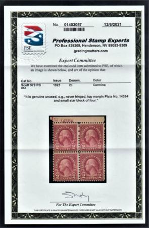 US 579 Fine Mint NH Top Plate Block of 4, PSE Cert
