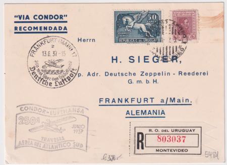 Uruguay 1937 250th Condor - Lufthansa Registered Flight Card