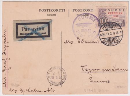 Finland 1930 Baltic Sea Flight Card with One Zeppelin Stamp