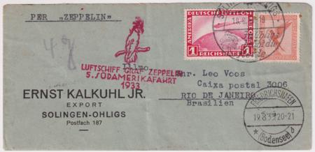 Germany 1933 Zeppelin 5th South America Flight Cover