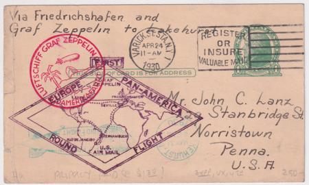 US 1930 Pan Am Flight on 1c Postal Card with $1.29 Franking added