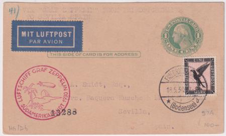 Germany / US 1930 South American Flight Card Friedrichshafen - Seville