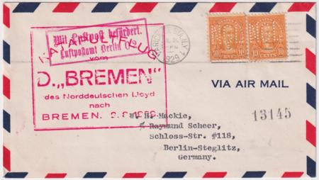 US 1929 Catapult Flight Bremen to Bremen with "NGL" perfins