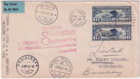 US 1932 Catapult Cover Bremen - Southampton, C10 pair, to Switzerland, Aug 1
