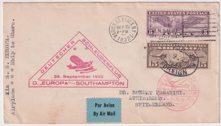 US 1932 Catapult Cover Europa - Southampton with C8, C12, Sep.29