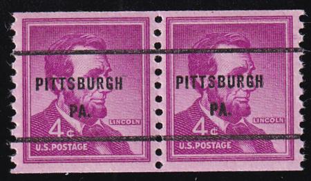 US 1058b Mint NH XF Wet Paint House Hole, Precancelled Pair Pittsburgh