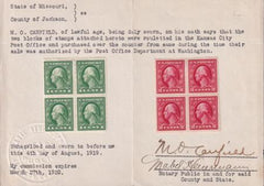 US 408-9 Washington / Franklin LH/NH F-VF Kansas City Roulettes Block Of 4 On Noterized Letter Of Authenticity FST Well Below Siegal Auction Realization